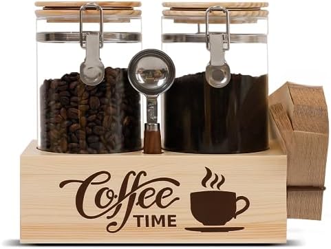 Glass Coffee Canister Set with Shelf & Spoon 2 Piece Coffee Containers