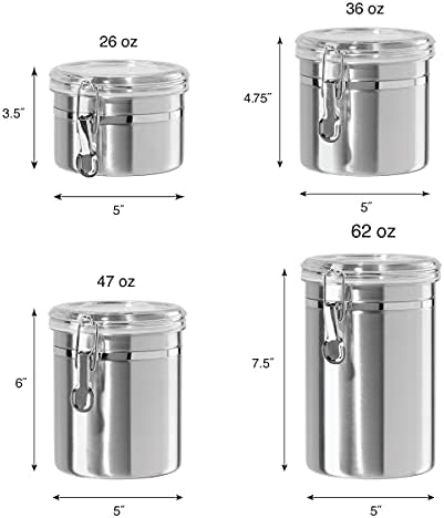 Oggi Set of 4 Stainless Steel Kitchen Canisters - Airtight Clamp Lid