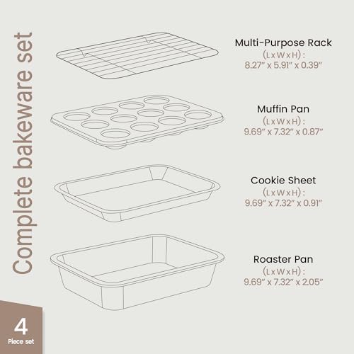 Bakken 4-Piece Bakeware Sets, Nonstick Carbon Steel Baking Sheet, Stackable Space-Saving Bakeware, Dishwasher Safe, Stain-resistant, PFOA, PFOS, & PTFE Free, Oven Safe Up To 450°F, White Marble