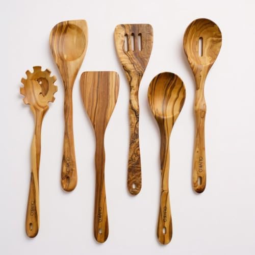 100% Olive Wood Handmade 6 Spoon Set - Wooden Kitchen Utensils