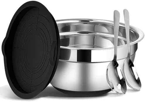ShineMe Stainless Steel Salad Bowl with Lid, Extra Large Metal Bowl with Serving Utensils for Preparing, Mixing, Marinating, and Serving with Anti-slip Bottom, Unbreakable Kitchen Bowls 7QT