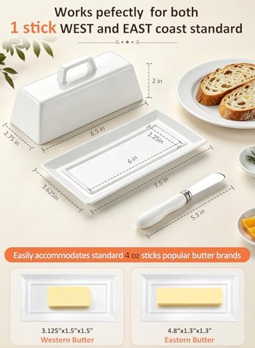 Porcelain Butter Dish with Lid and Knife for Countertop