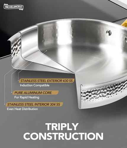 Michelangelo Triply Stainless Steel Pots and Pans Set, 10-Piece Hammered Stainless Steel Cookware Set with Golden Handle, Premium Induction Kitchen Cookware, Oven Safe