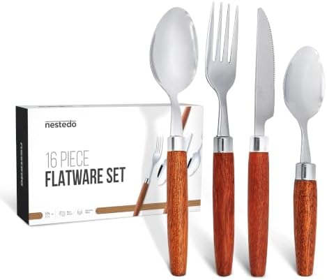 16-Piece Wood Handle Flatware Set, Stainless Steel, Service for 4