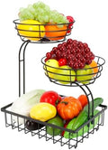 3 Tier Countertop Fruit Vegetable Basket Bowl Storage, Solid Metal Kitchen Counter Organizer for Storing Fruits, Veggies, Bread, Snacks (Black)