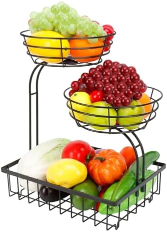 3 Tier Countertop Fruit Vegetable Basket Bowl Storage, Solid Metal Kitchen Counter Organizer for Storing Fruits, Veggies, Bread, Snacks (Black)