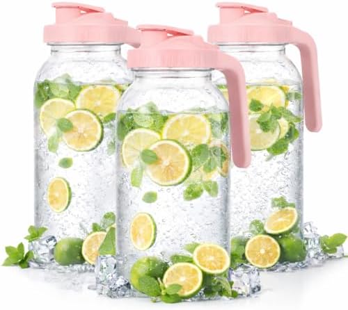 64oz Glass Pitcher with Handle and Flip Lid, Leak-Proof Seal, 3 Pack