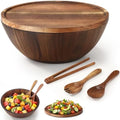 Domensi Large 12"x4.72" Acacia Wood Salad Bowls with Lid, 3 Serving