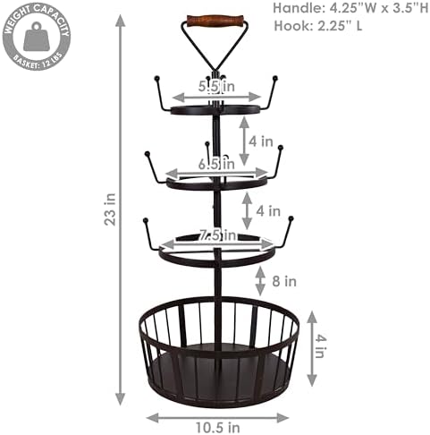 Sunnydaze 4-Tier Coffee Mug Tree with 12 Hooks - Dark Brown - 23-Inch