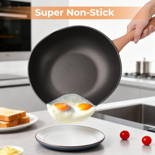 12" Nonstick Wok with Lid, Flat Bottom Titanium Coated Stir Fry Pan