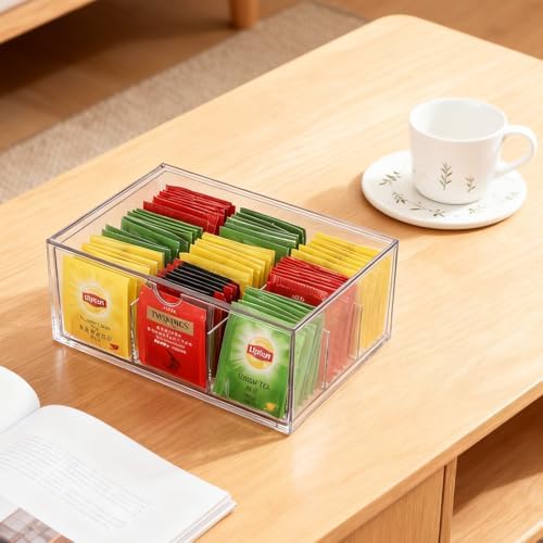 Rainmae Tea Bags Organizer Clear Acrylic Teabag Drawer Holder with 9