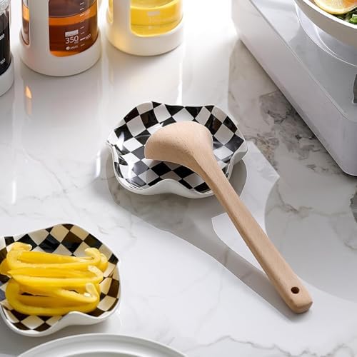 Qipecedm Ceramic Spoon Rest, 5.3in Black & White Pattern, Heat