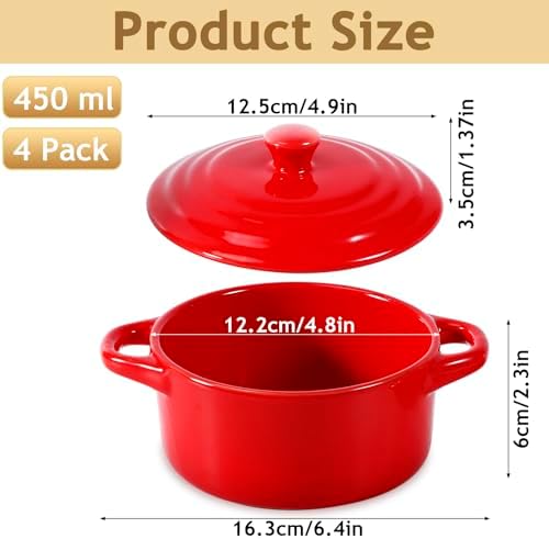 4 Pcs Mini Cocotte Set,Small Ceramic Casserole with Lids,16 Oz,Red