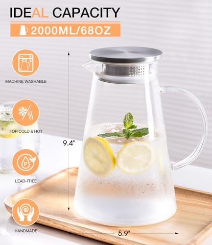 Glass Pitcher with Lid and Handle,68oz Borosilicate Water Pitcher
