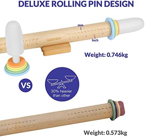 Geesta Adjustable Wood Rolling Pin with 5 Thickness Rings, Precise