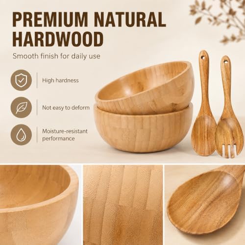 2 Sets Wood Salad Bowl with Spoons Forks, Large Natural Wooden Bowls