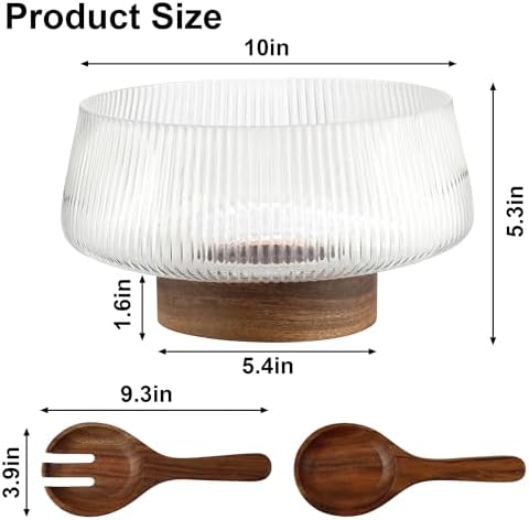 Extra Large Salad Bowl Set with Wood Base, Ribbed Glass Salad Bowl
