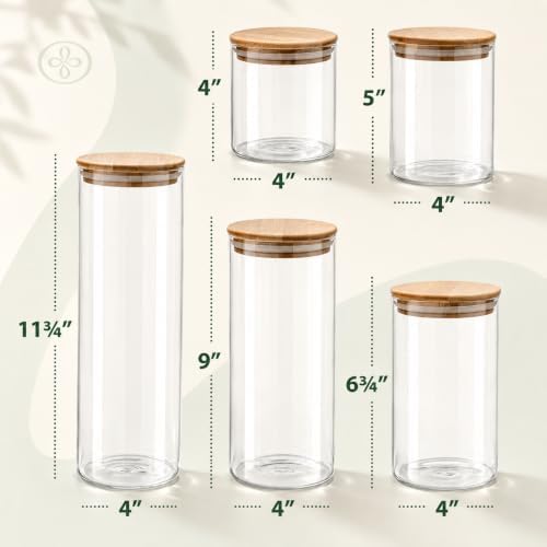 Set of 5 Glass Kitchen Canisters with Airtight Bamboo Lid - Glass