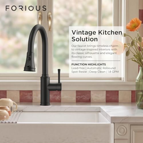 FORIOUS Black Kitchen Faucet with Pull Down Sprayer