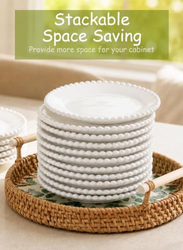 6 Inch White Porcelain Beaded Dessert Plates Set of 12