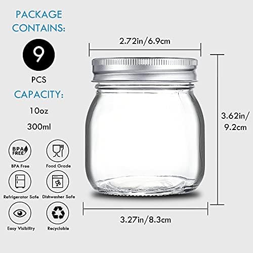 YEBODA 9 Pack 10 oz Wide Mouth Mason Jars with Lids