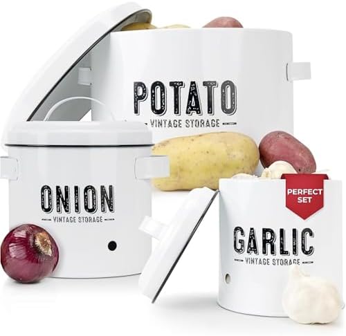 Granrosi Potato and Onion Storage Bin Set with Garlic Storage, White