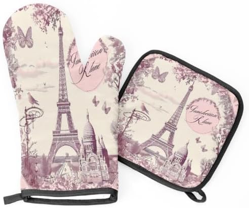Pink Eiffel Towel Vintage Oven Mitts and Pot Holders BBQ Gloves
