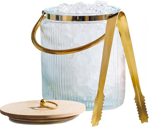 Le'raze Glass Ice Bucket with Airtight Lid, Tong Scooper and Handle