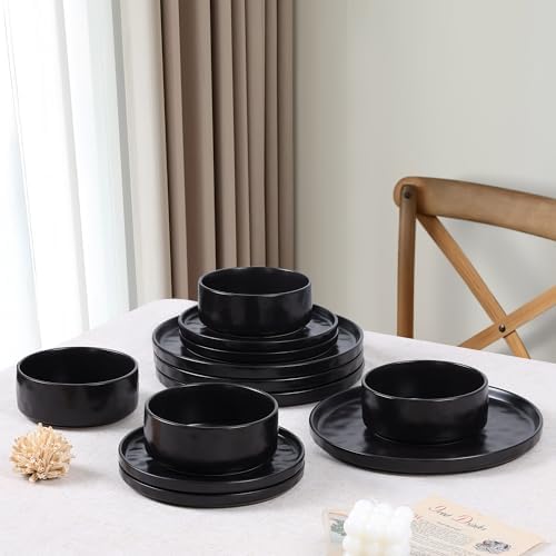 LIANYU 12 Pieces Stoneware Dinnerware Set for 4, Obsidian Matte Black
