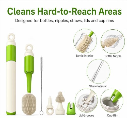 Baby Bottle Brush Set, 5 Cleaning Tools, Green