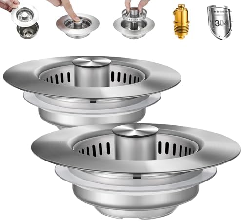 3 in 1 Kitchen Sink Drain Strainer 2 Pack - Stainless Steel Pop Up