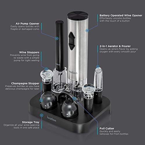 Ivation 9-Piece Wine Opener Set, Electric & Air Pump, Aerator, 4