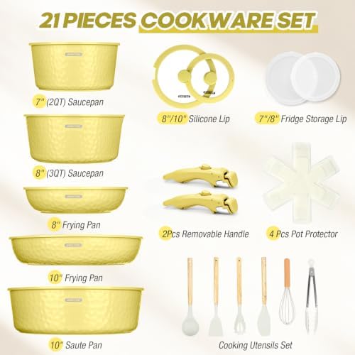 21 Pcs pots and Pans Set, Ceramic Nonstick Cookware Set Detachable