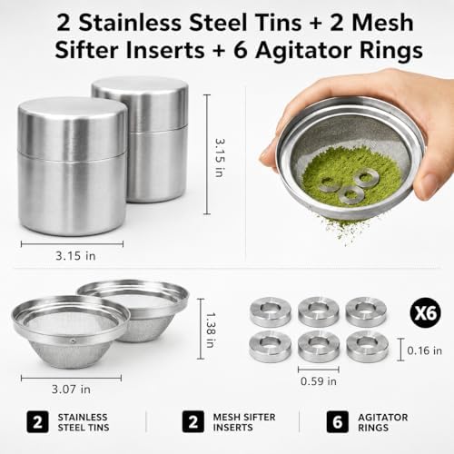 Xuronex 2-Pack Matcha Powder Sifter and Storage Tin Set, Stainless
