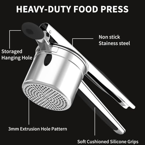 GloTika 15oz Stainless Steel Potato Masher Ricer, Black Silicone Hand