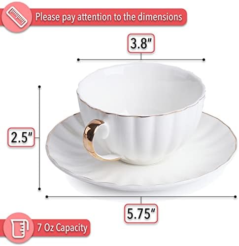 BTaT- Cappuccino Cups with Saucers 7 oz, Set of 6, Golden Trim Design