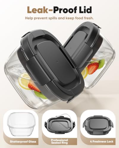 Canfanni Glass Salad Container, 56oz Bowl with Airtight Lids, Bento