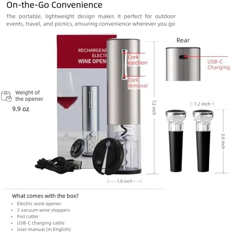 Electric Wine Opener Set, Rechargeable With 2 Vacuum Stoppers, Foil