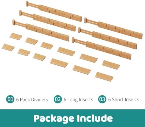 6 Pack Bamboo Drawer Dividers with Inserts, Kitchen Adjustable Drawer
