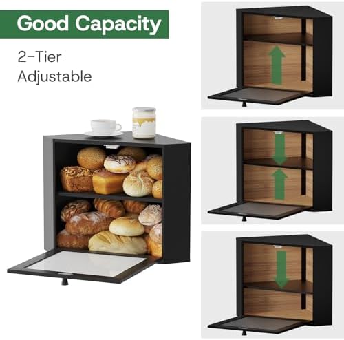 kiplant Black Corner Bread Box for Kitchen Countertop - Bamboo Wood, Wavy Acrylic Door, Adjustable 2-Layer Bread Storage Container, Large Bread Holder