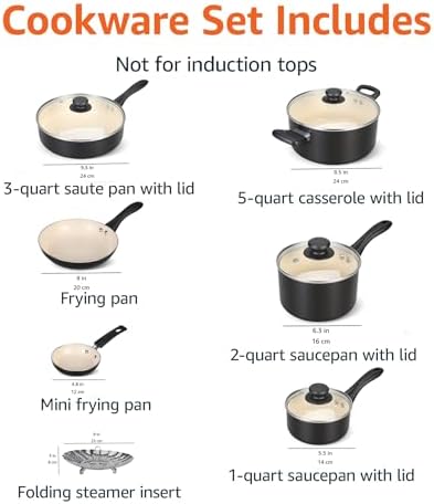 Amazon Basics 11-Piece Ceramic Non-Stick Pots and Pans Set, Dishwasher