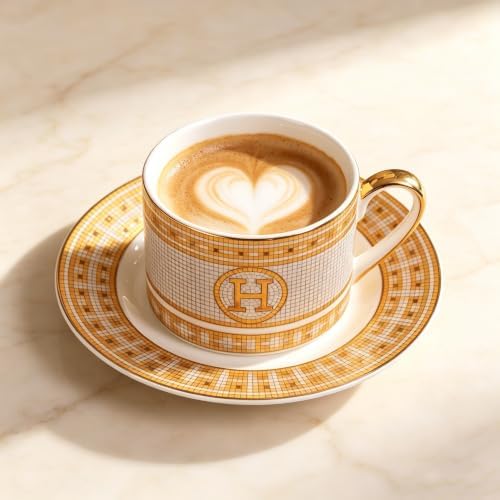 Gold Mosaic H Ceramic Coffee Cup & Saucer Set, 8 OZ Luxury European