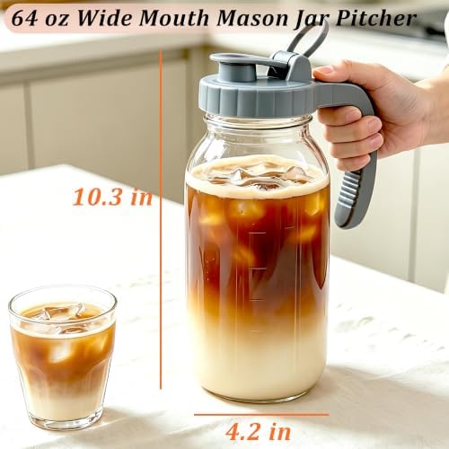 Mason Jar Pitcher 64 OZ Wide Mouth Glass Water Jug With Pour Spout