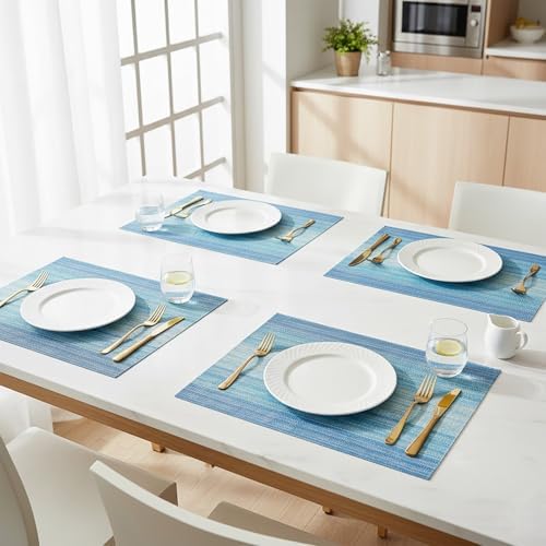Blue Placemats Set of 4, Vinyl Woven Place Mats for Dining Table