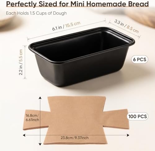 6 x 3 Loaf Pan with Liners 6 Pcs Mini Bread Pan and 100 Pcs Loaf