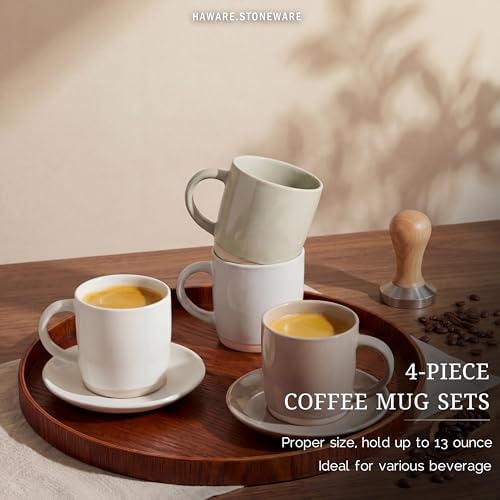 HaWare 13OZ Coffee Mugs with Handles, Stoneware Coffee Cups for 4