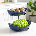 2-Tier Fruit Bowls for Kitchen Counter,Dark Blue Ceramic Bowl with Black Metal Stand,2 Tier Fruit Basket for Fruit,Snack,Cake,Nuts,Dessert Storage