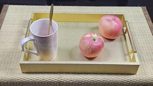 Set of 2 Wood Serving Tray with Gold Polished Metal Handles, Home