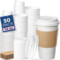 Fit Meal Prep 50 Pack 16 oz Disposable Coffee Cups with Lids, Sleeves