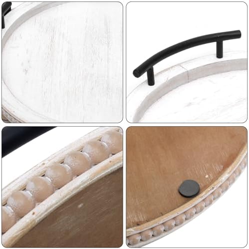 SwallowLiving White Wooden Beaded Serving Tray with Handle Decorative